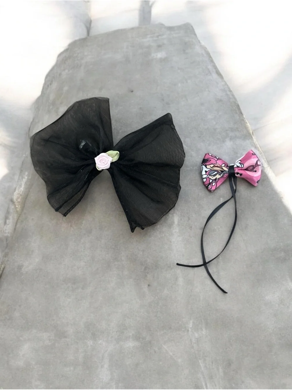 Black Organza Hair Bow with Pink Floral Accent - Kids Hair Accessory